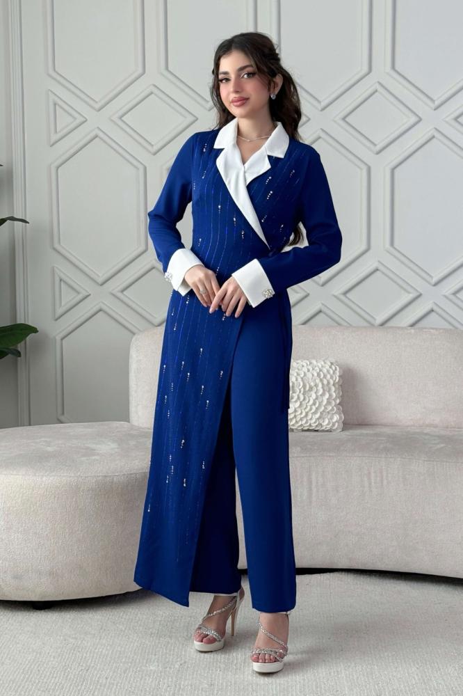 Blue sequin wrap jumpsuit المقاس:(L - 40)