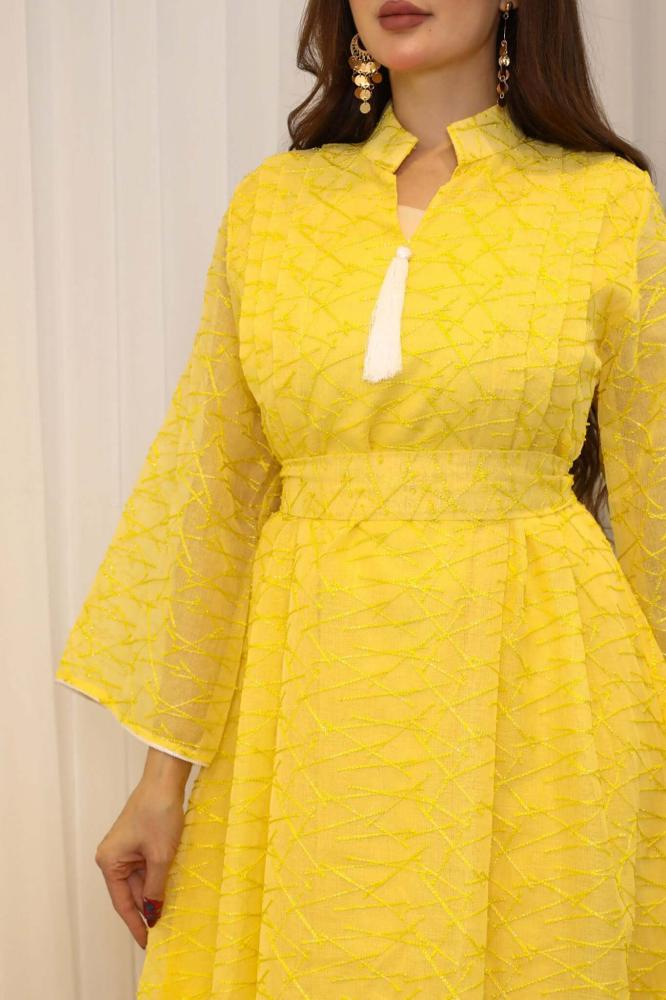 Yellow maxi long-sleeved jalabiya with belt المقاس:(S)