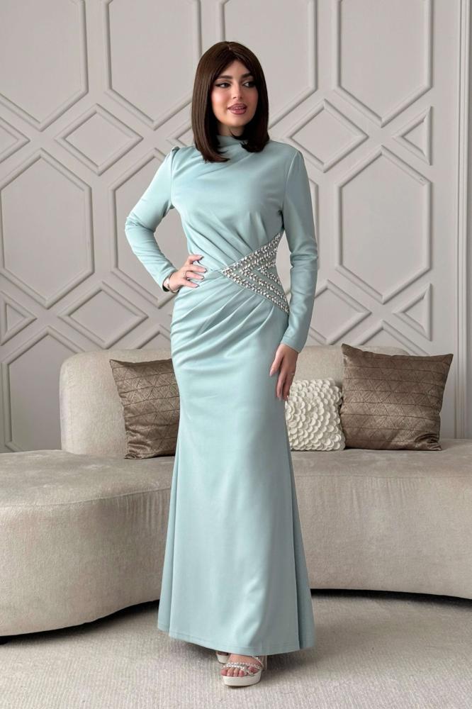 Long draped dress with Tiffany-colored crystals المقاس:(M - 38)