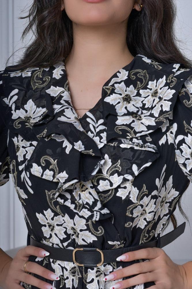 Black embroidered floral cloche dress المقاس:(M)