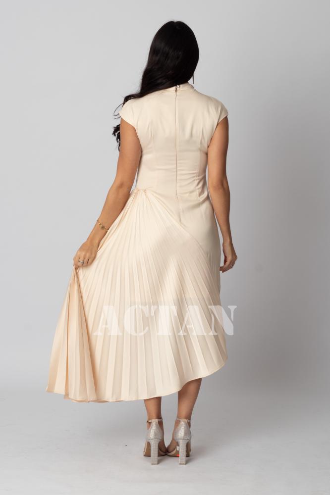 Beige pleated satin midi dress المقاس:(S - 36)