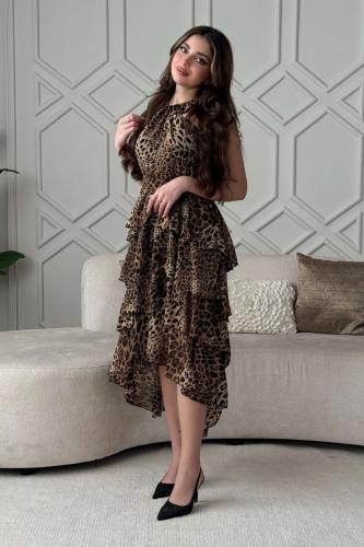Brown leopard print asymmetrical tiered dress المقاس:(L - 40)