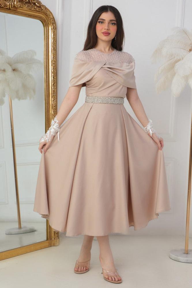 Beige Embroidered Off Shoulder Midi Dress المقاس:(L - 40)