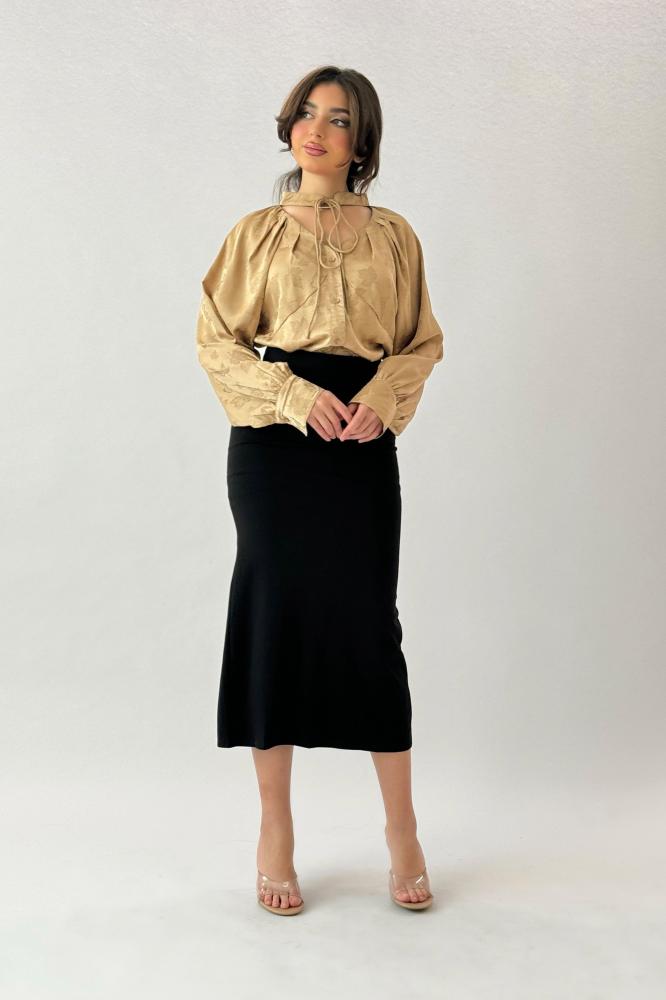 Beige Leaf Print Tie Neck Blouse المقاس:(M)