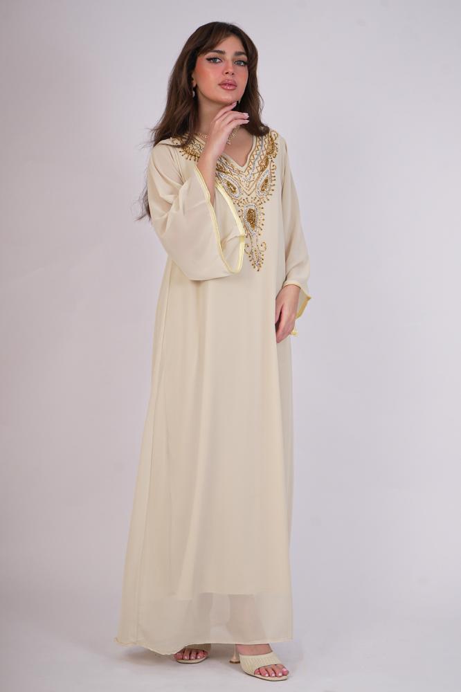 Maxi jalabiya with a collar decorated with stones المقاس:(L)