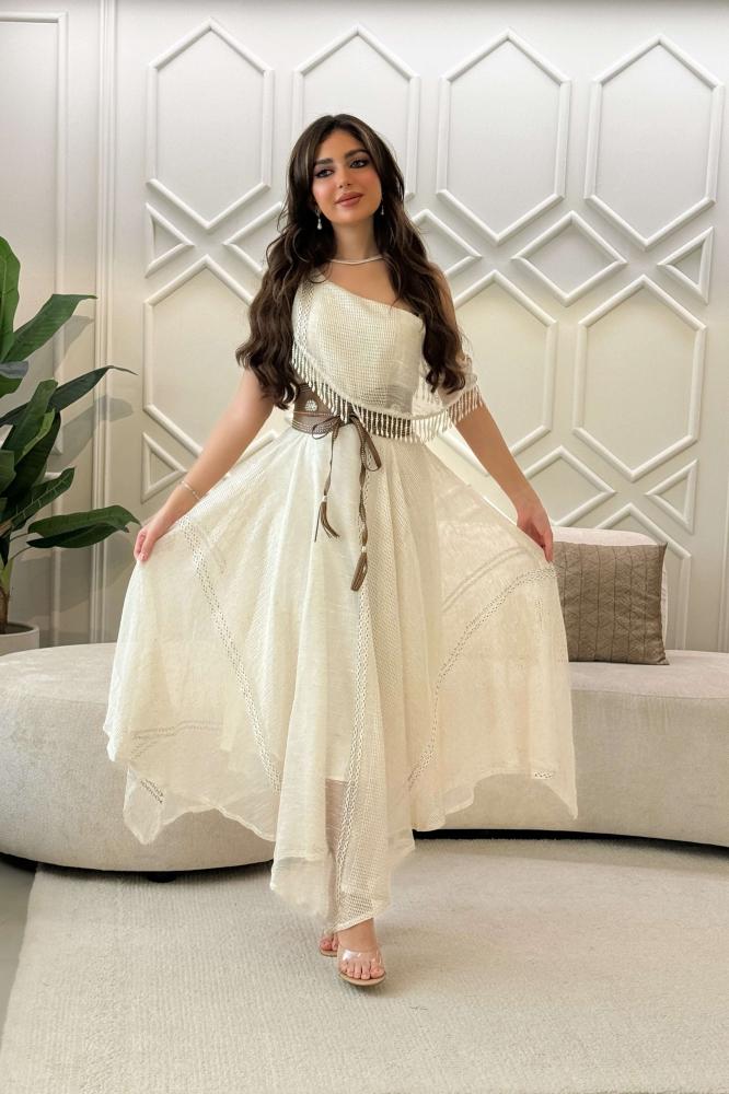 Beige One Shoulder Asymmetrical Dress المقاس:(M - 38)