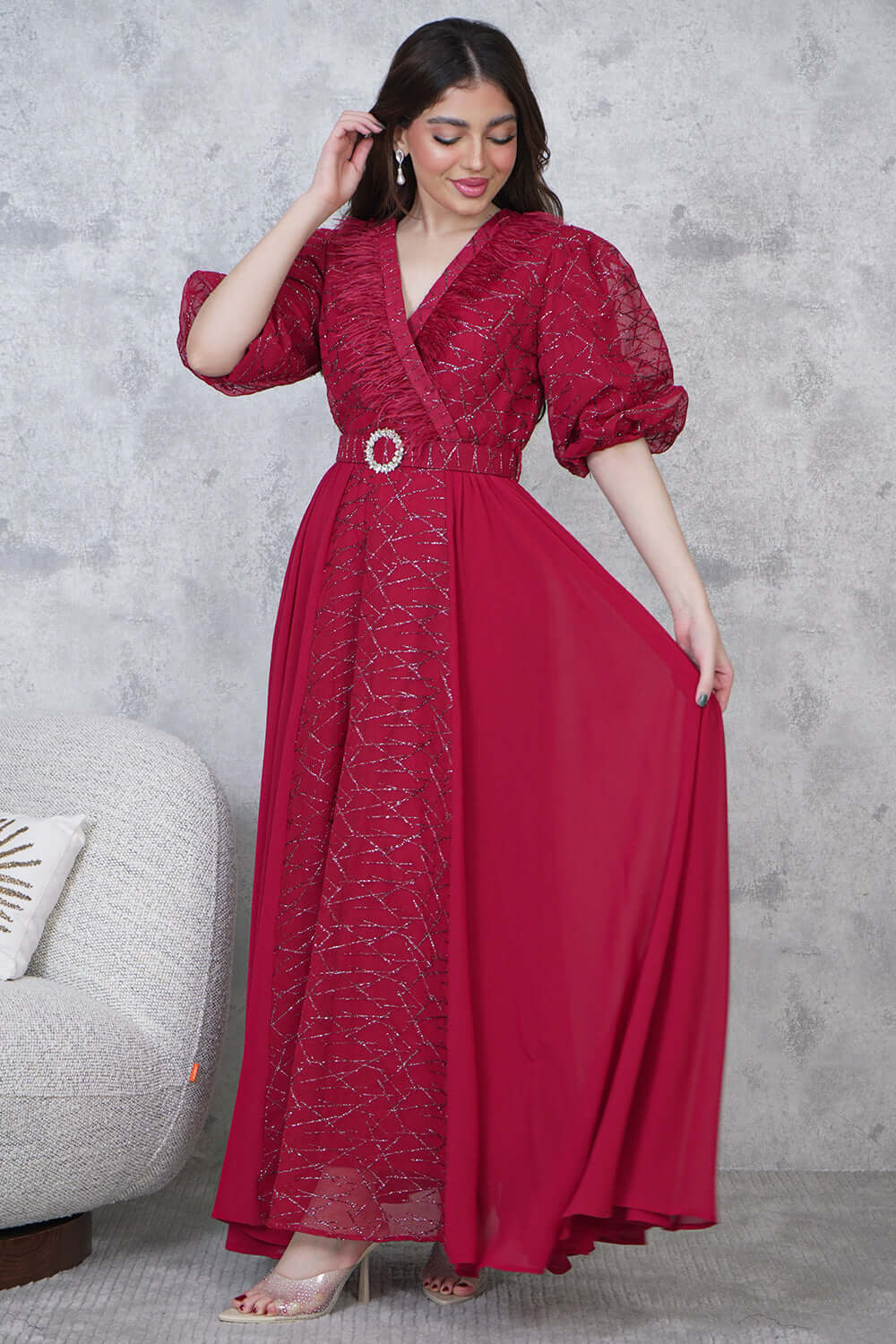 Long red dress with puff sleeves