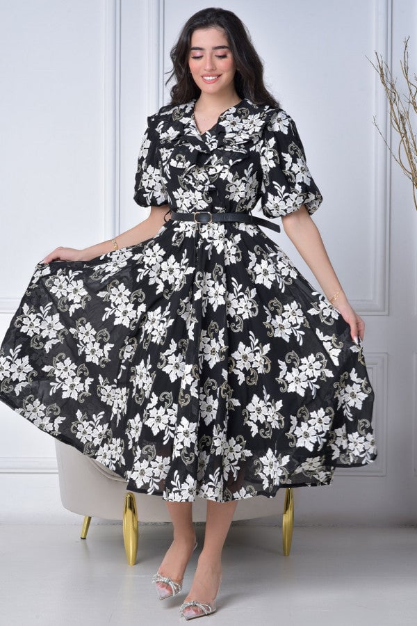 Black embroidered floral cloche dress