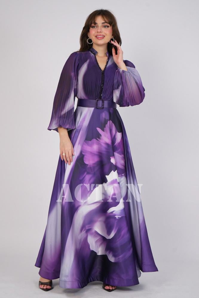 Purple Floral Print Maxi Dress المقاس:(M - 38)
