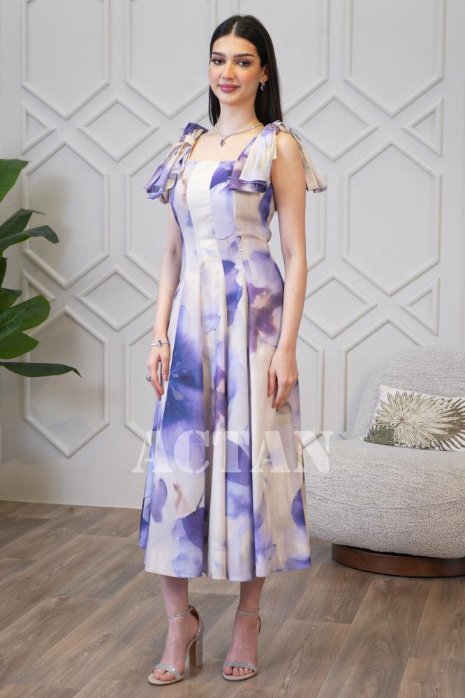 Purple Floral Print Bow Shoulder Dress المقاس:(L - 40)