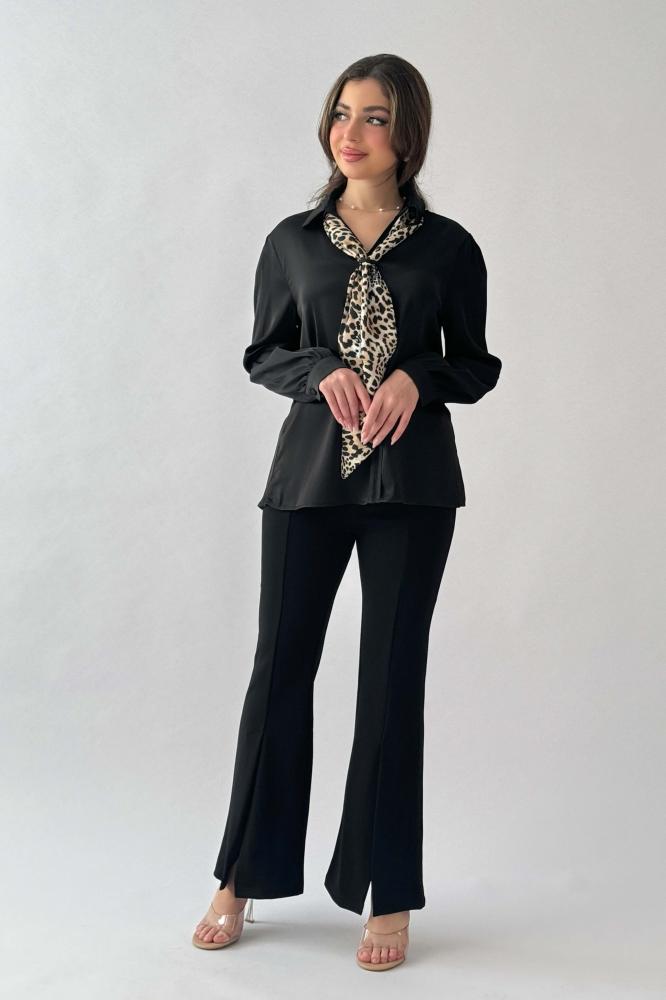 Black satin blouse with leopard print المقاس:(L - 40)