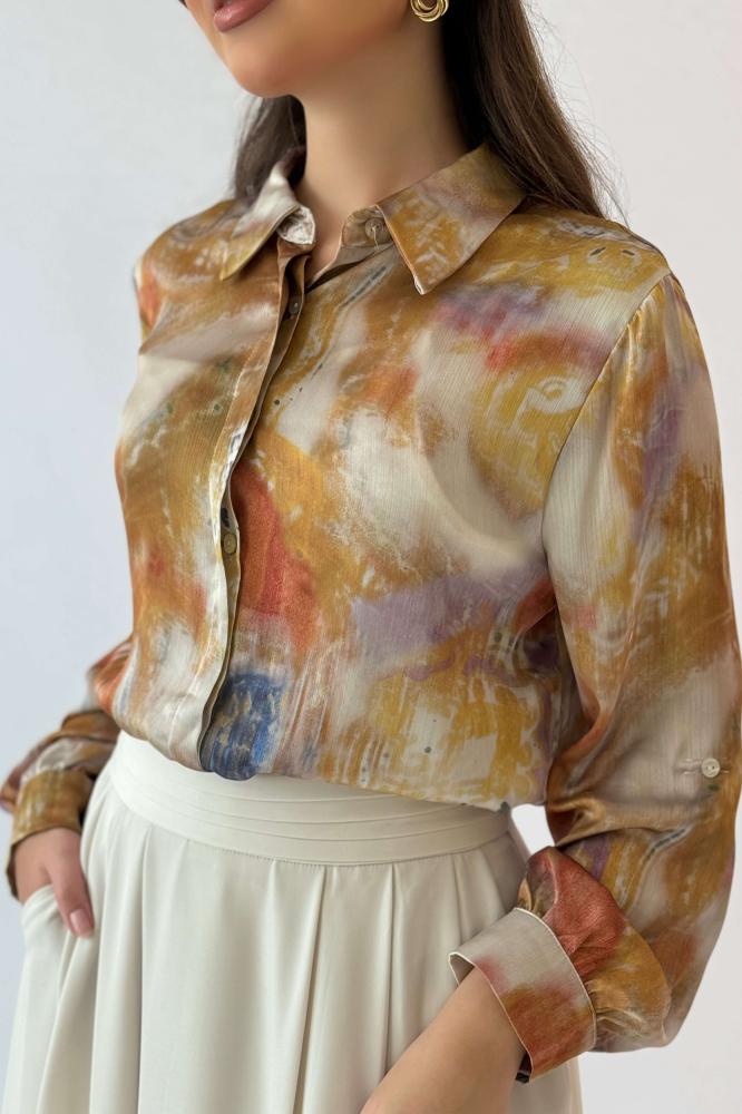 Orange Wave Print Turn-Down Collar Shirt المقاس:(XXL - 44)