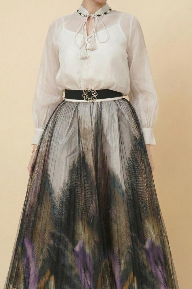 Black Floral Print Tulle Shirt and Skirt Set المقاس:(L - 40)