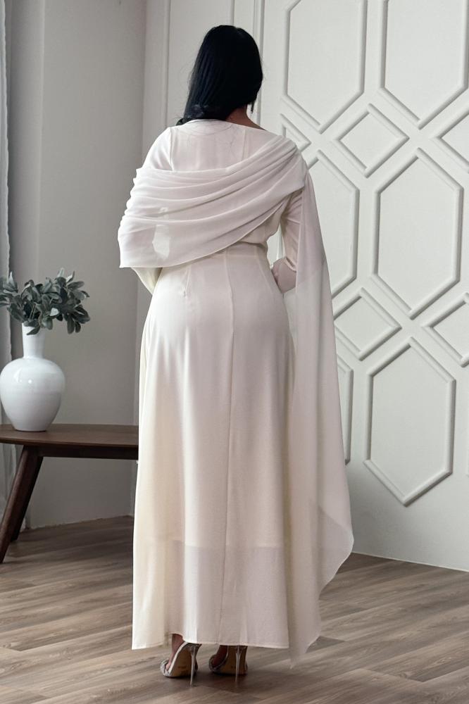 Light beige chiffon draped maxi dress المقاس:(XXL - 44)