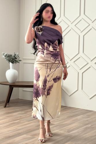 One-shoulder floral print midi dress المقاس:(XXL - 44)