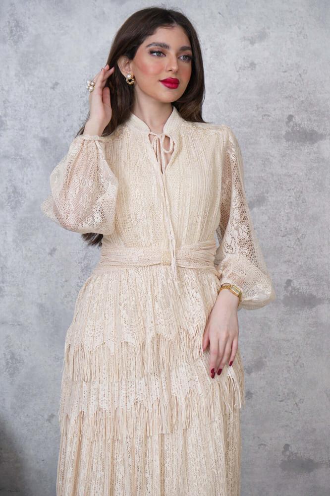 Beige tiered draped midi dress المقاس:(L - 40)