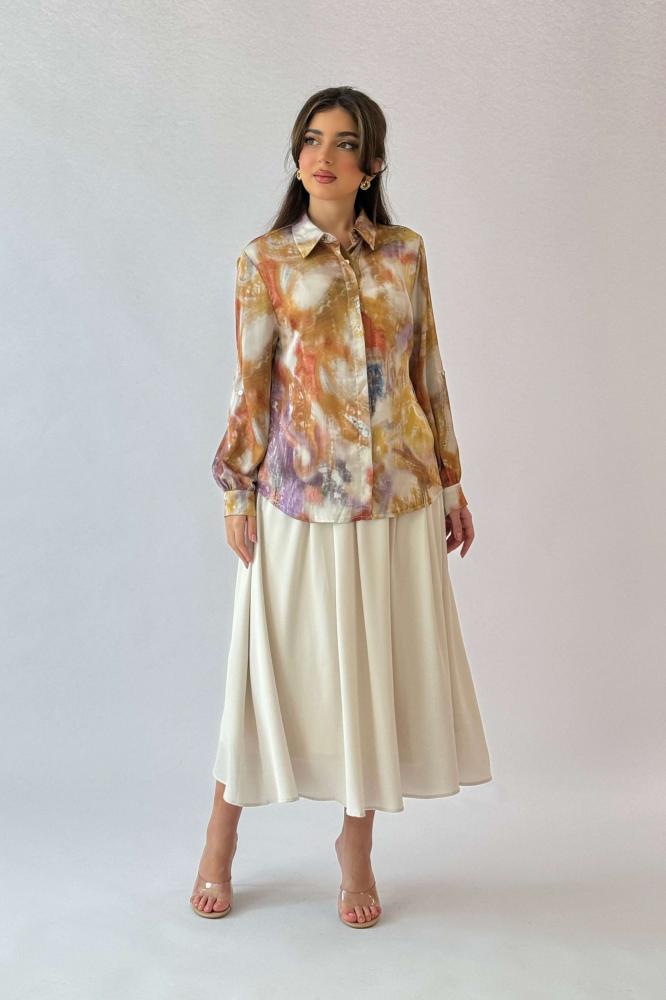 Orange Wave Print Turn-Down Collar Shirt المقاس:(XXL - 44)