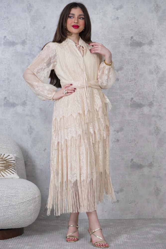 Beige tiered draped midi dress المقاس:(L - 40)
