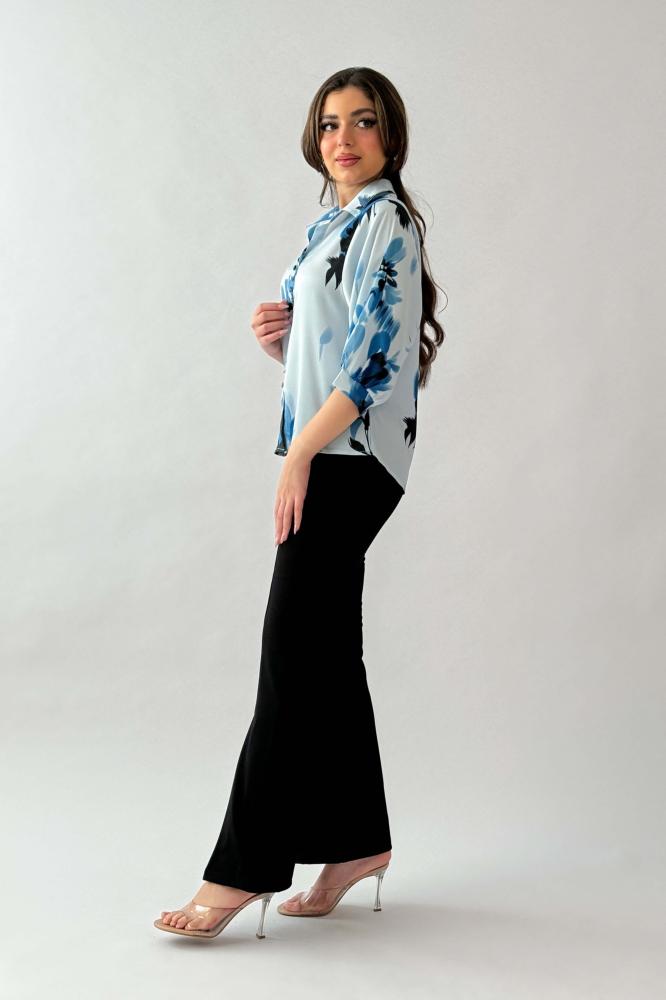 Blue 3/4 Sleeve Floral Print Satin Shirt المقاس:(L - 40)
