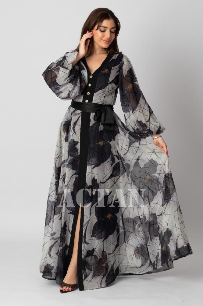 Grey Chiffon Velvet Dress with Rose Print المقاس:(M - 38)