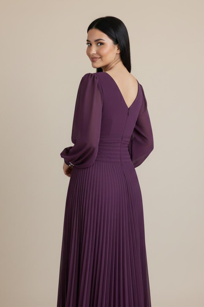 Purple Chiffon Pleated Dress with Crystal Ribbon المقاس:(L)