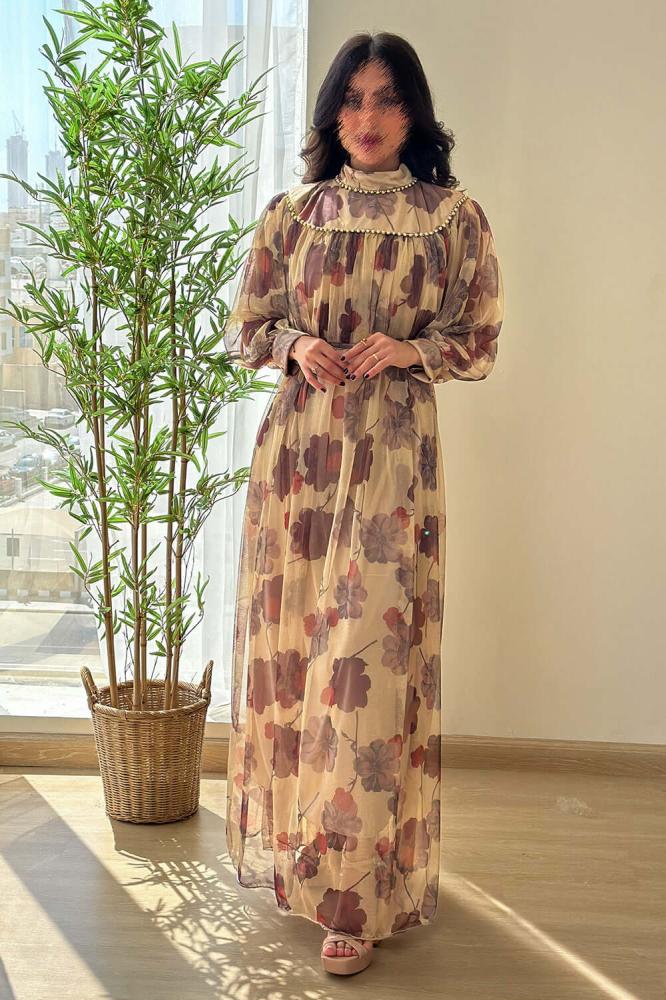 Elegant beige floral print maxi dress المقاس:(L)