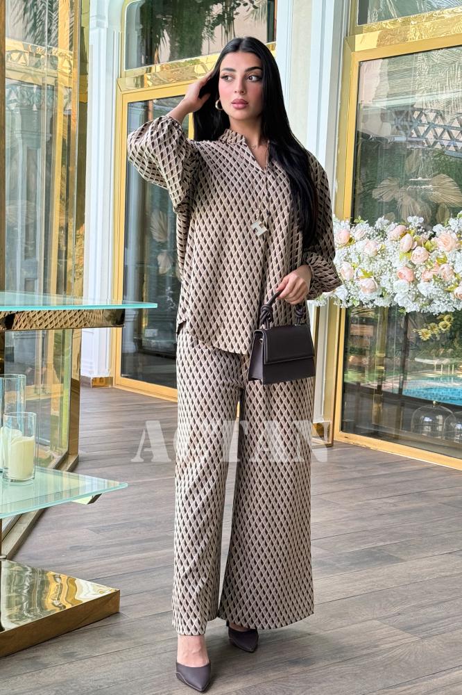 Abstract Print Blouse and Wide Leg Pants Set المقاس:(L - 40)
