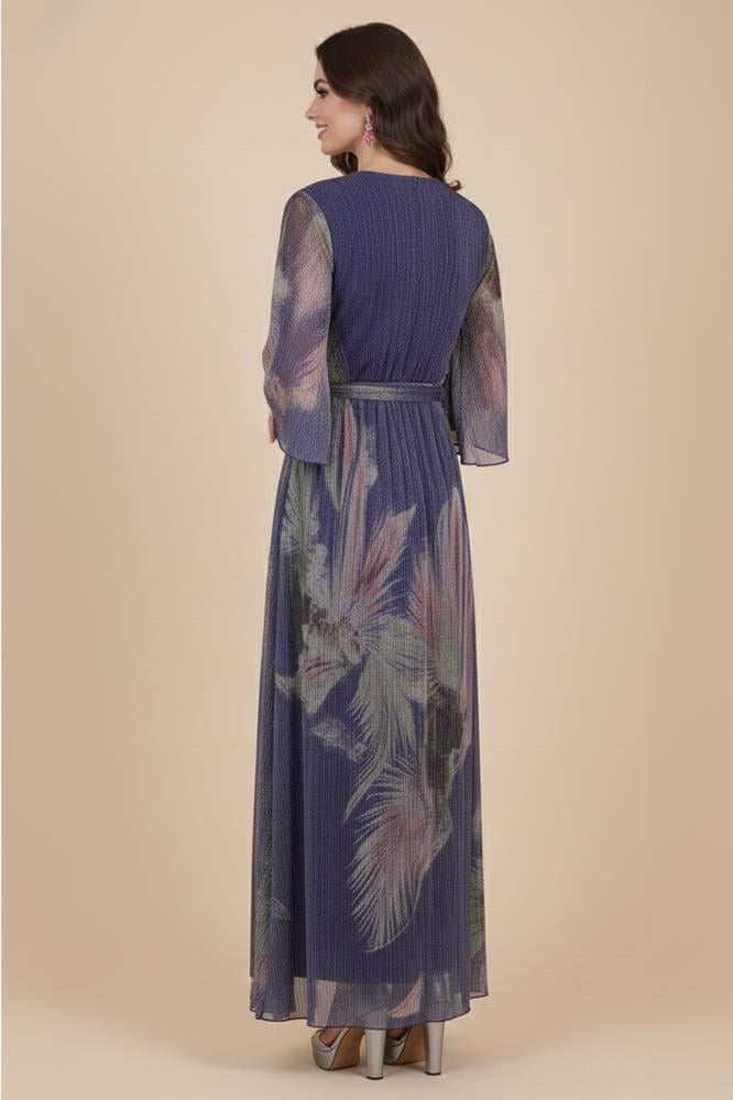 Purple floral pleated maxi dress المقاس:(M - 38)