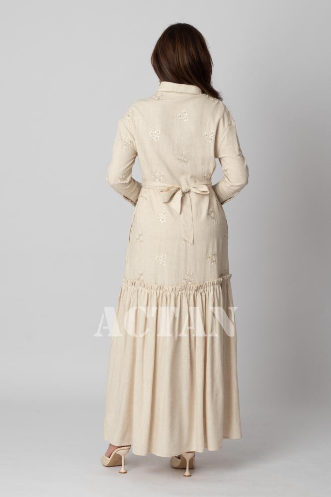 Beige linen maxi dress المقاس:(L - 40)