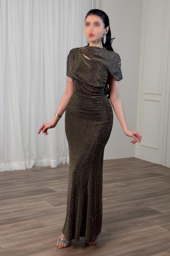Gold Draped Sheer Dress with Chest Slit المقاس:(S - 36)