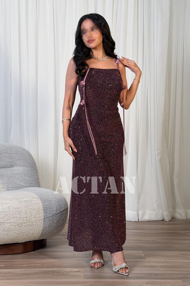 Purple floral appliqué embellished fitted dress with sequins المقاس:(L - 40)