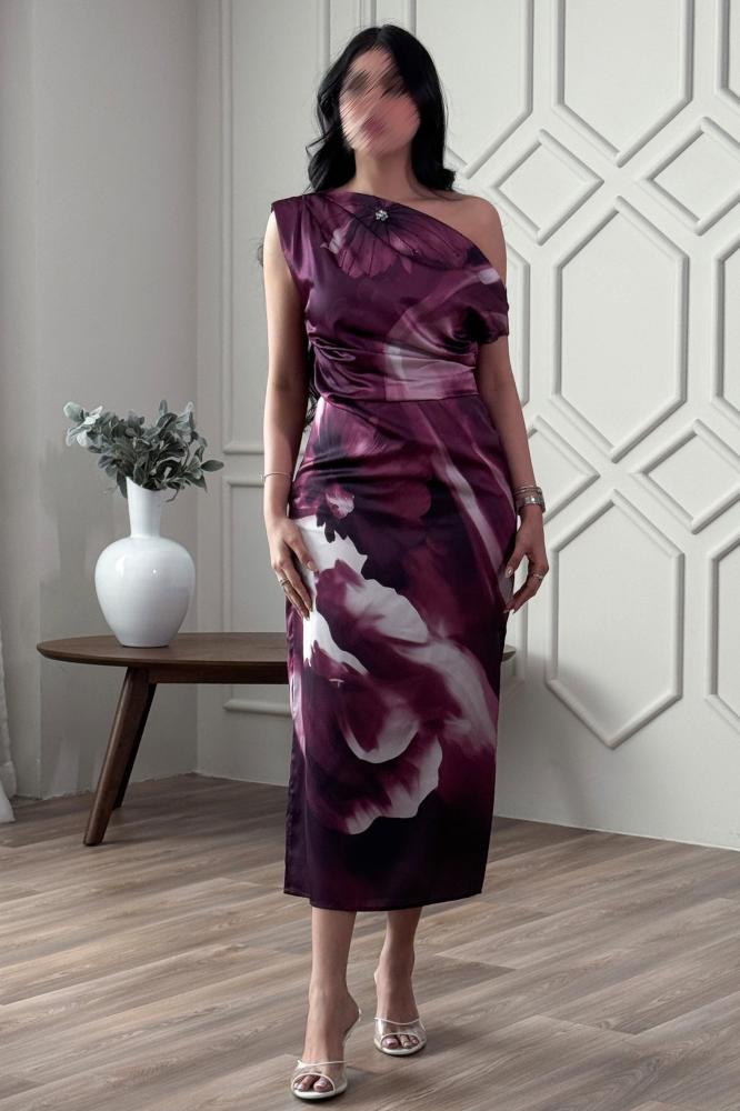 One-shoulder floral print midi dress المقاس:(M - 38)