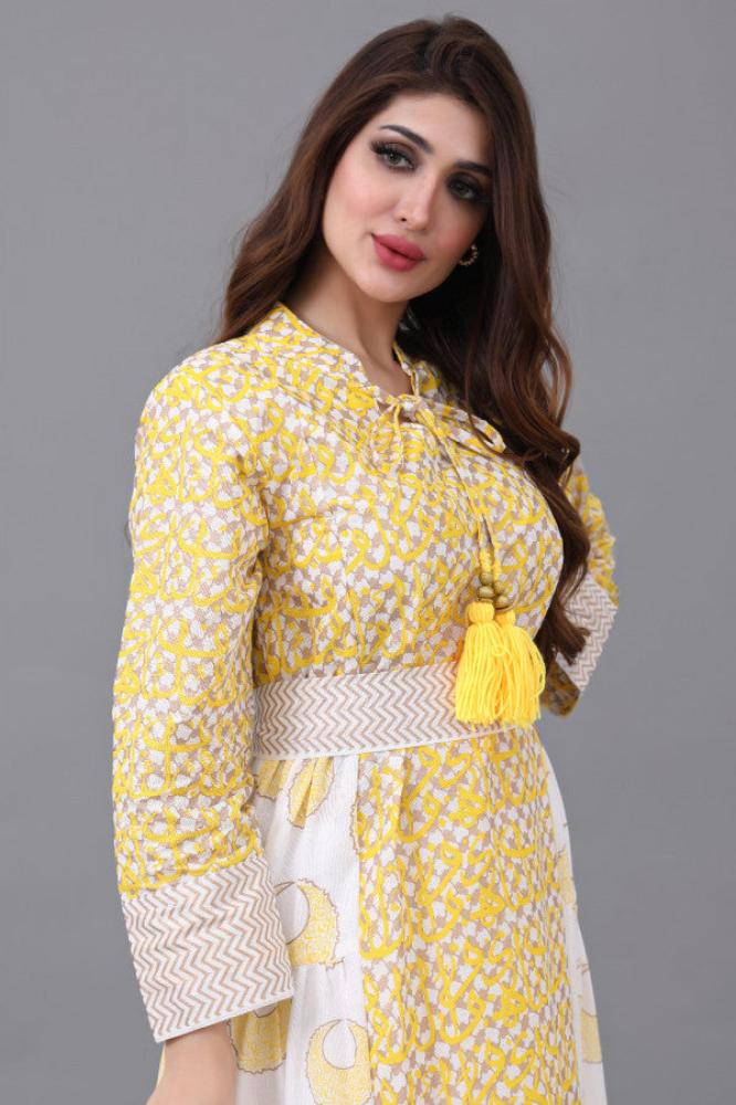 Yellow galabiya with a cloche design and Islamic patterns المقاس:(L)