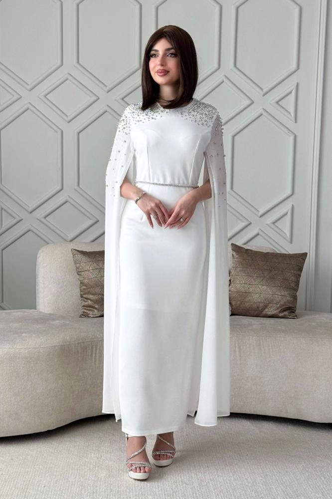 White chiffon cape sleeve midi dress المقاس:(XXL - 44)