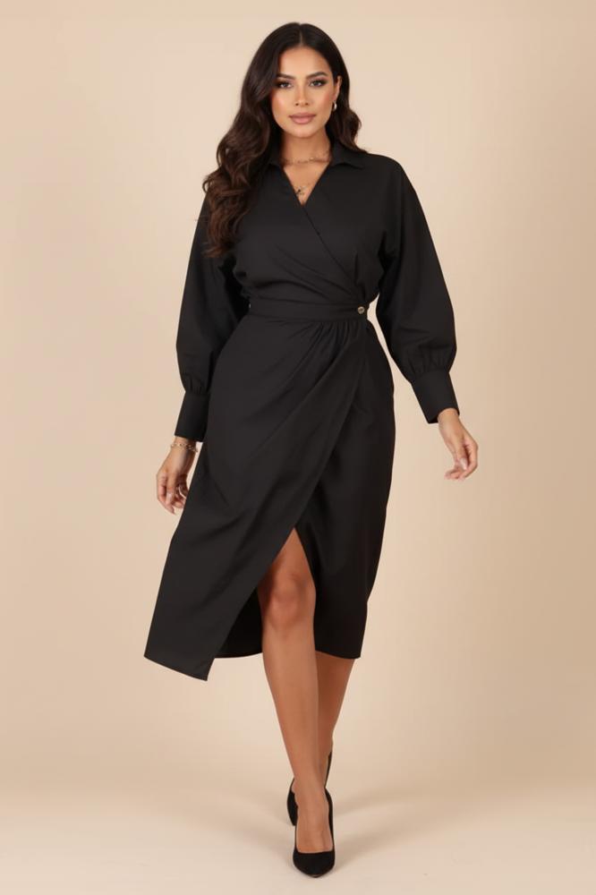 Black midi wrap dress المقاس:(L)