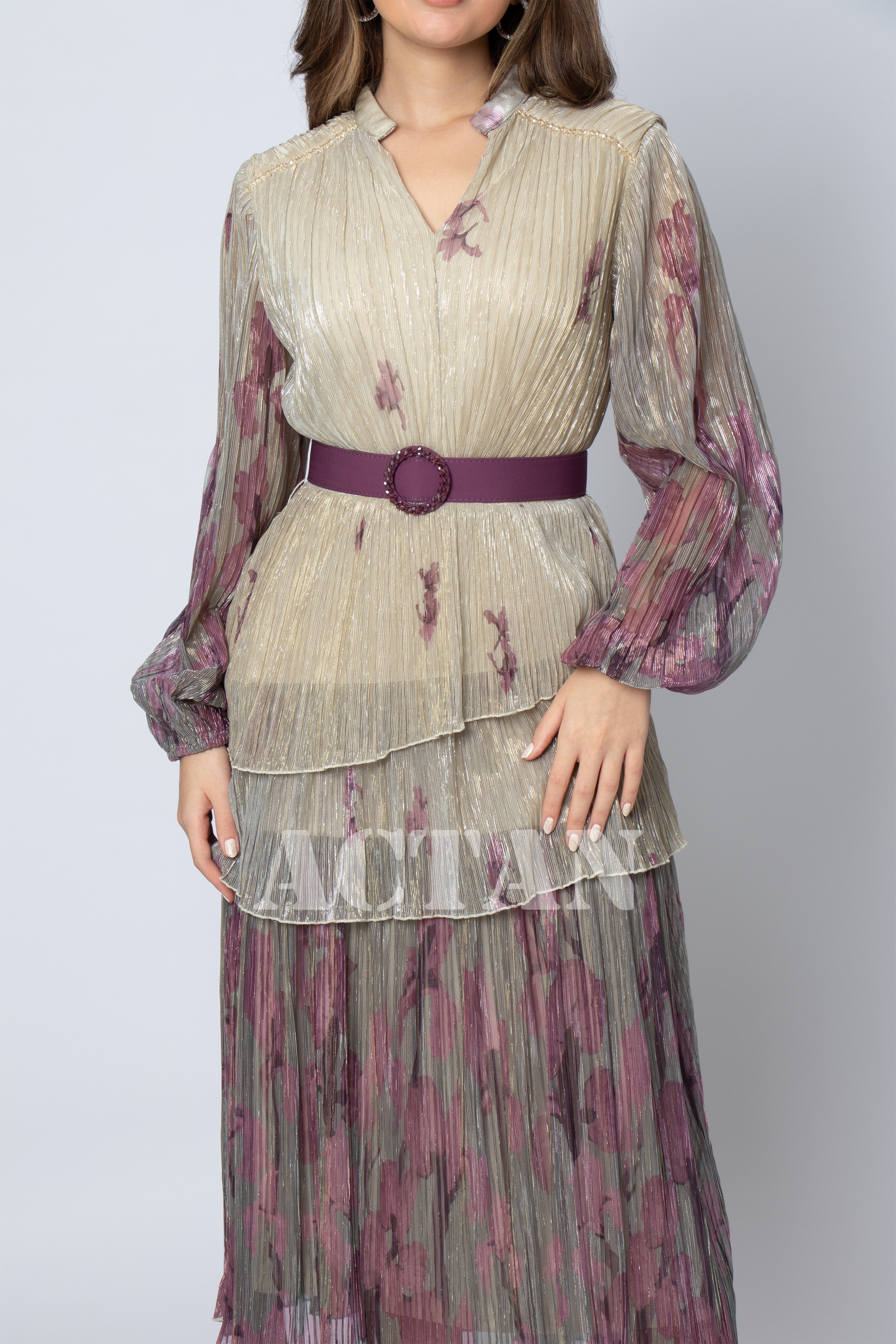Beige Chiffon Tiered Midi Dress
