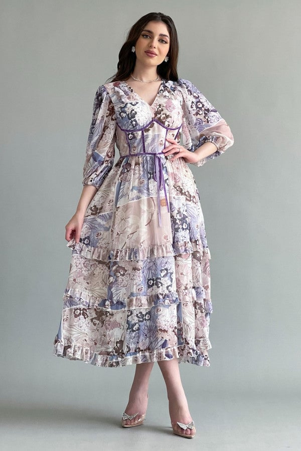 Classic crochet dress with a purple floral design
