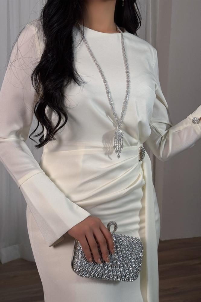 Light beige crystal embellished pleated midi dress المقاس:(L - 40)