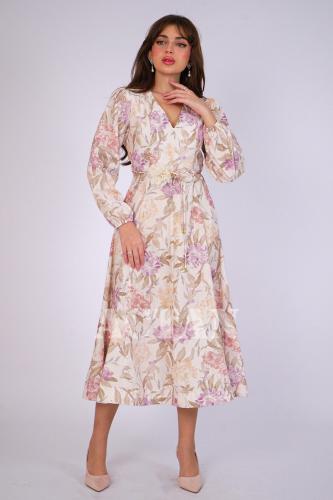 Beige floral midi dress المقاس:(M - 38)