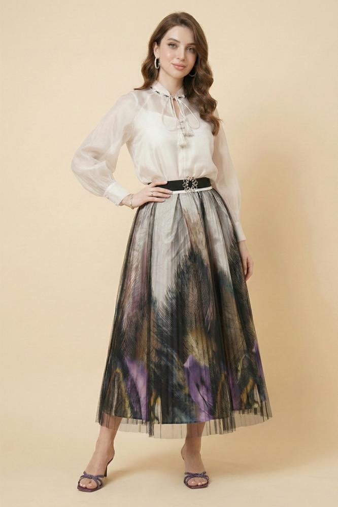 Black Floral Print Tulle Shirt and Skirt Set المقاس:(L - 40)