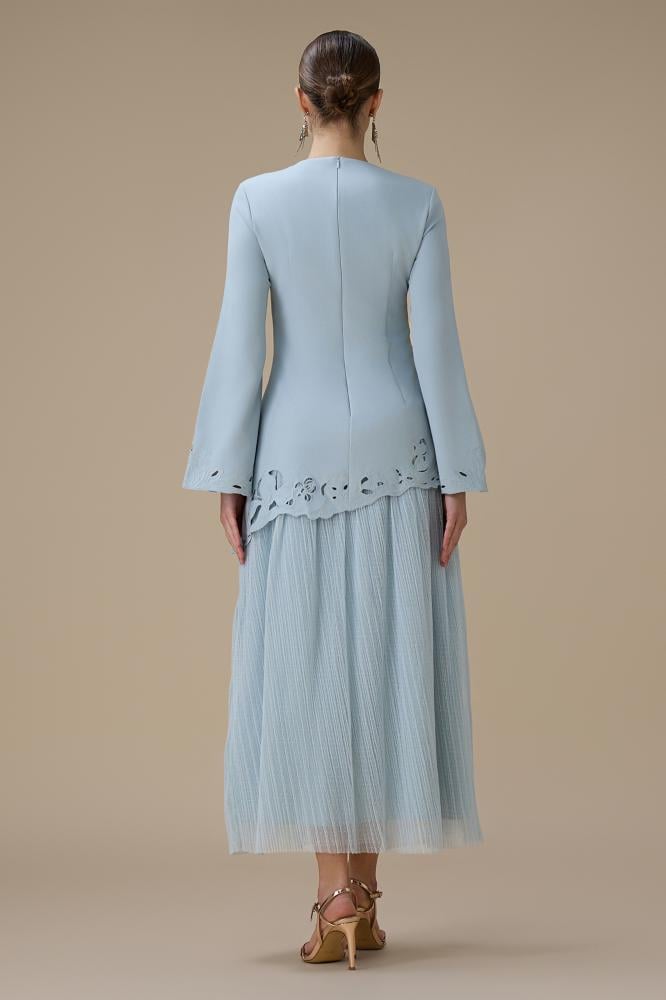 فستان طويل ازرق بطبقتين بتصميم ناعم المقاس:(XXL - 44)