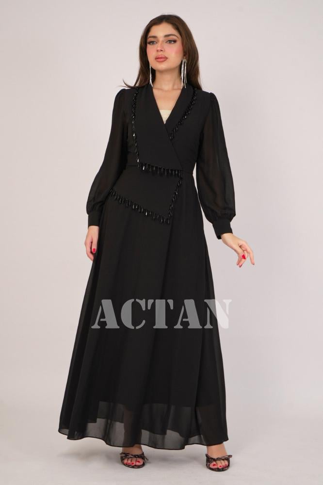 Long black fringed dress المقاس:(S - 36)