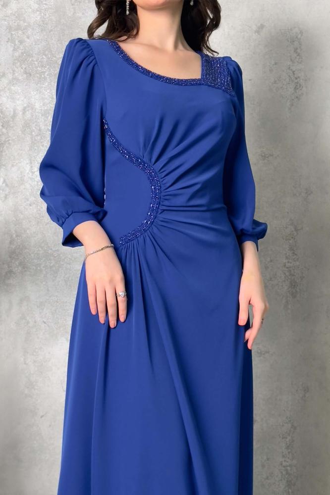 Draped maxi dress with beads and crystals in blue المقاس:(L - 40)