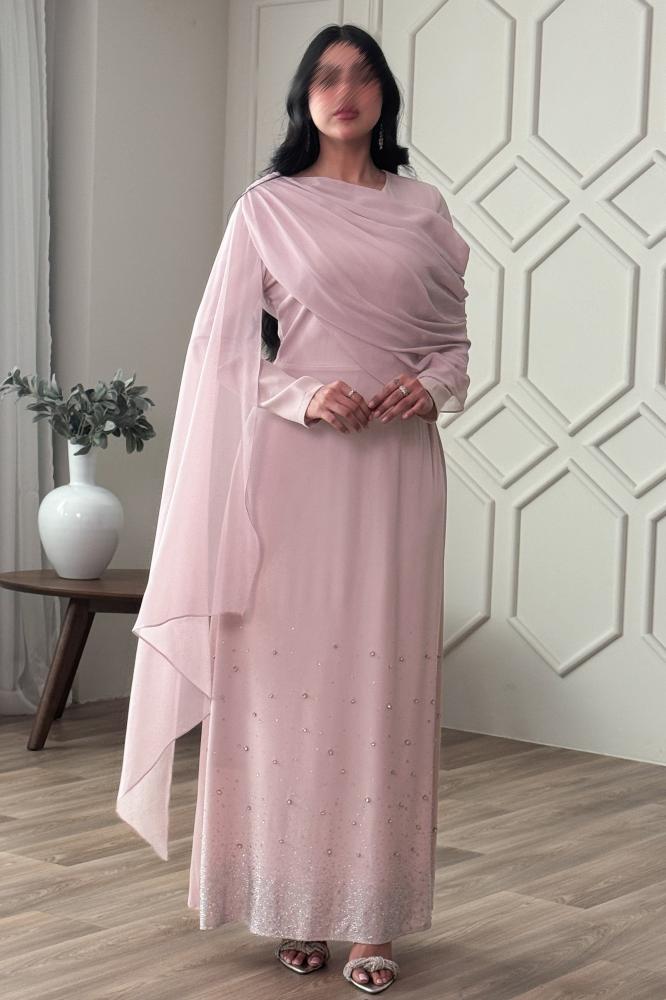 Pink chiffon draped maxi dress المقاس:(L - 40)