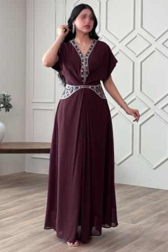 Burgundy chiffon jalabiya with sequins المقاس:(L - 40)