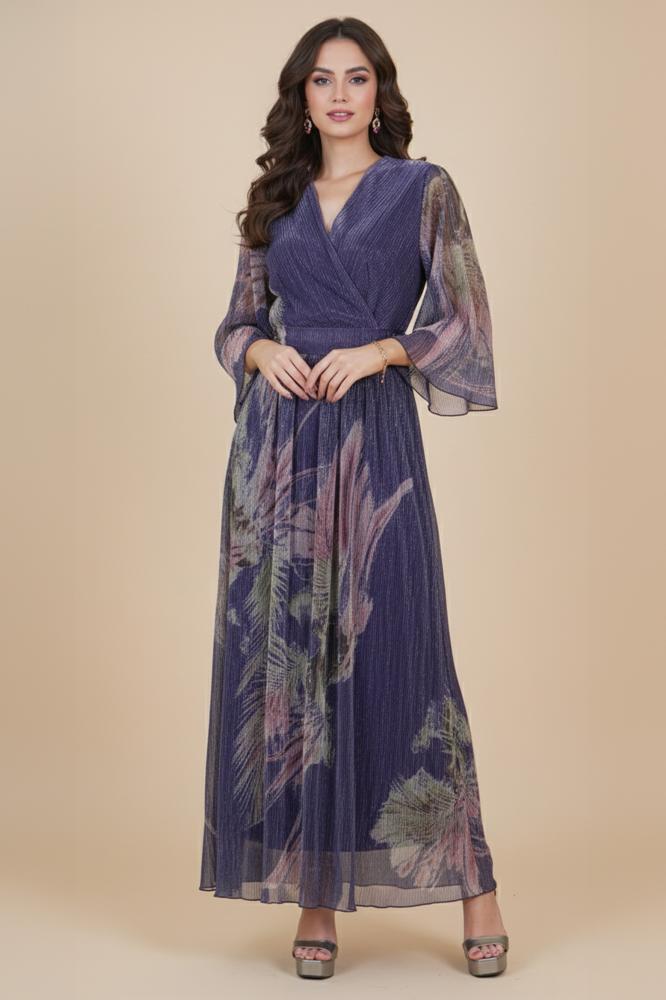 Purple floral pleated maxi dress المقاس:(M - 38)
