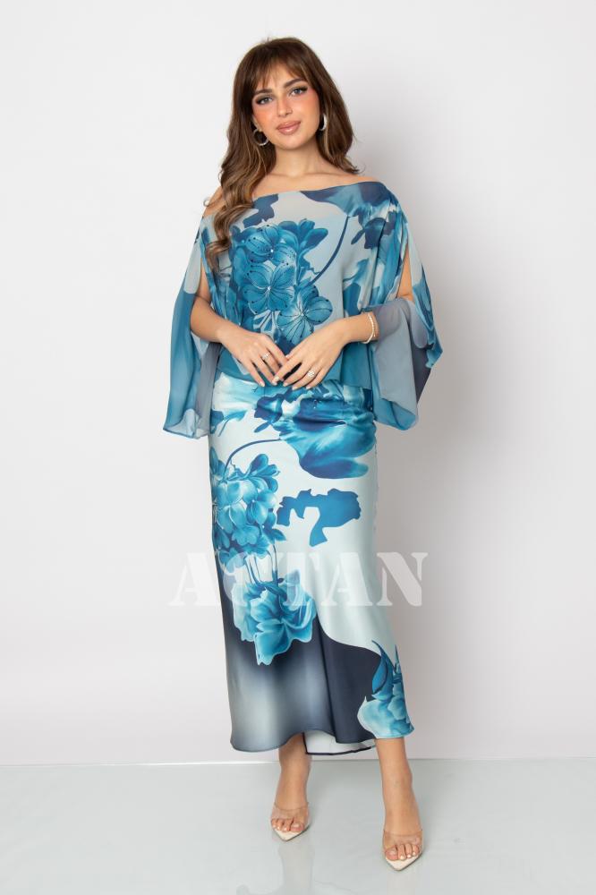 Floral Print Satin Two-Piece Dress المقاس:(M - 38)