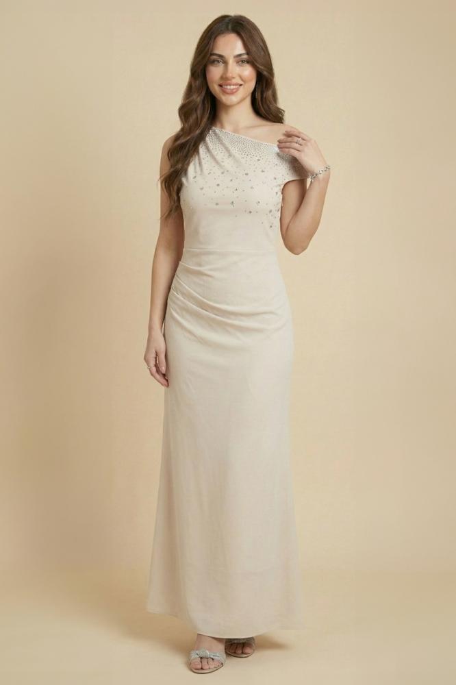 Beige sequined draped bodycon dress المقاس:(XL - 42)