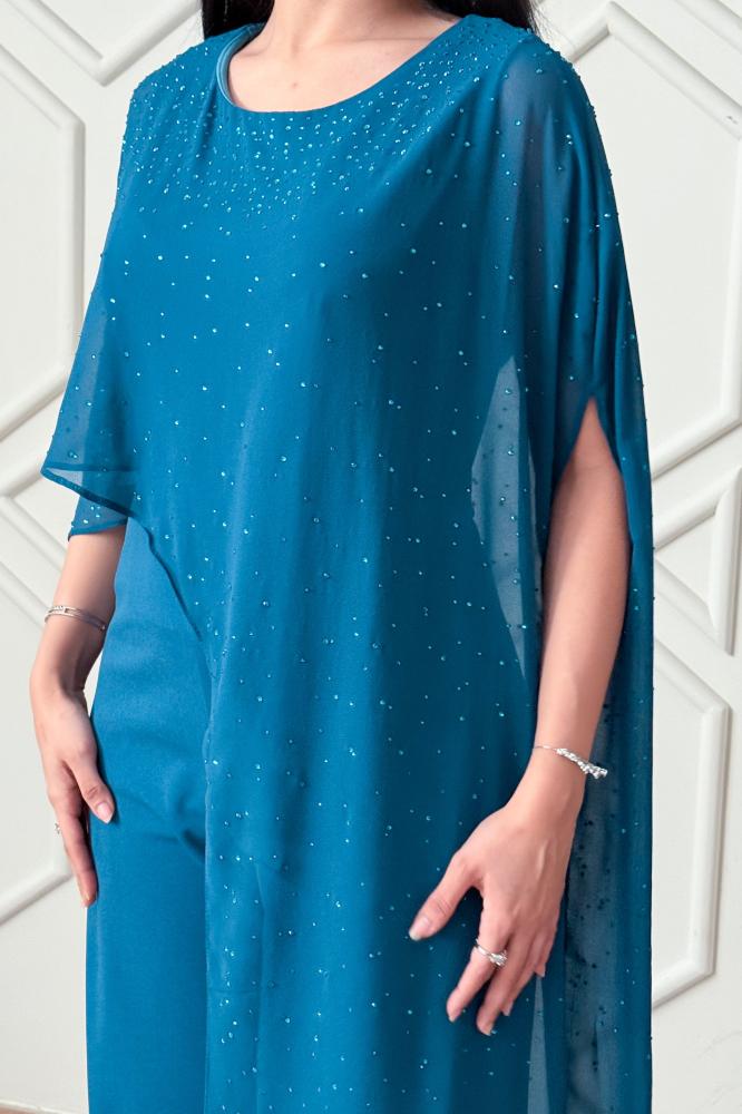Turquoise sequin jumpsuit with scarf المقاس:(M)