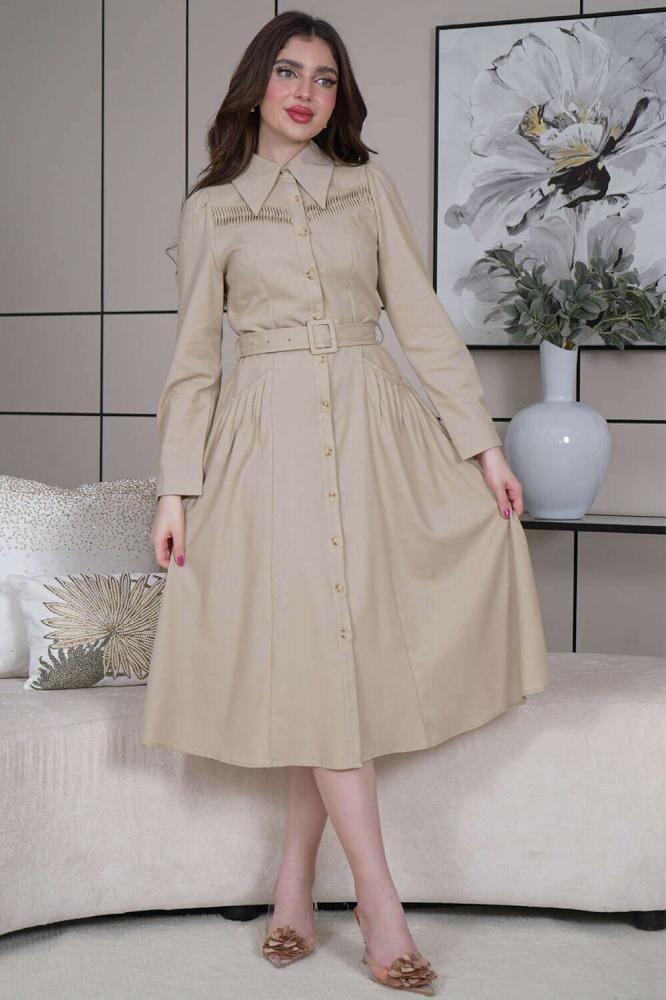 Beige linen midi dress with pockets المقاس:(M - 38)
